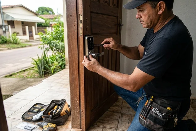 Chaveiro instalando fechadura digital em Santarém.